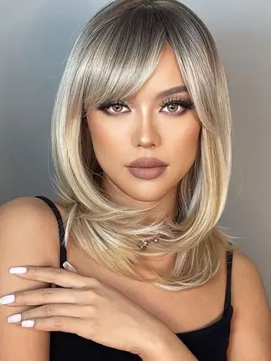 Sleek Blonde Layers with Side Bangs Hairstyle