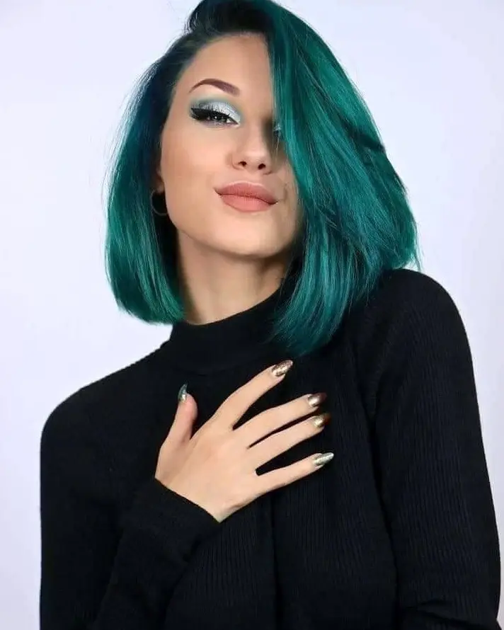 Teal Bob with Side-Swept Bangs Hairstyle