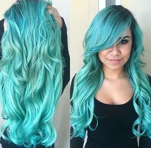 Long Teal Waves with Side Bangs Hairstyle