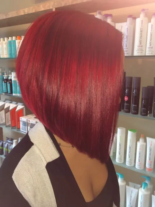 Vivid Red Angled Bob Hairstyle