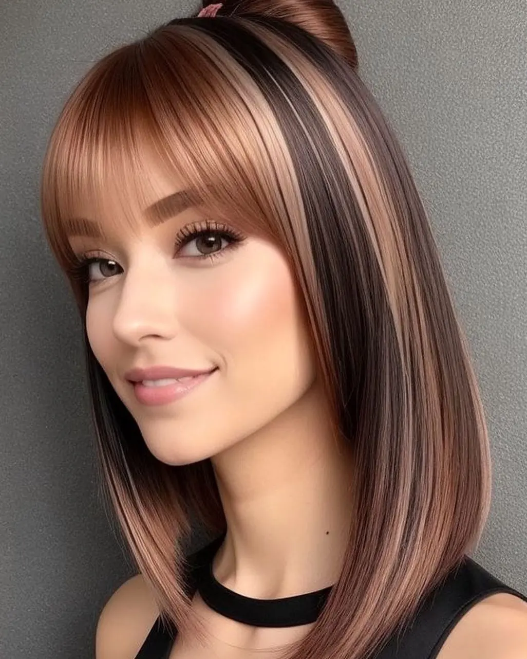 Dimensional Brown Bob with Bangs Hairstyle