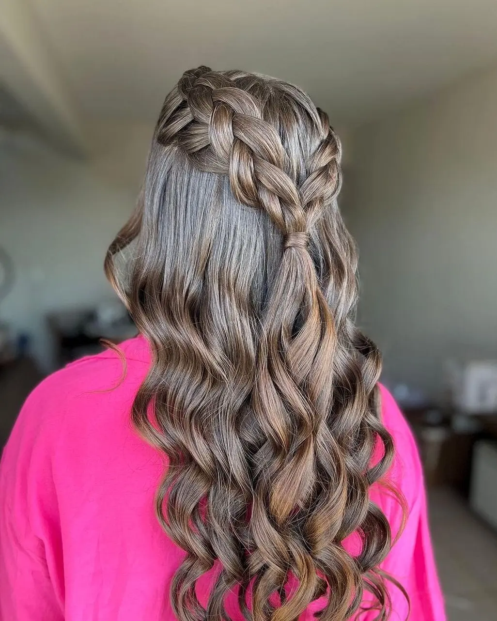 Loose Waves with Braided Crown Hairstyle