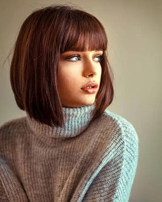 Soft Brown Bob with Full Bangs Hairstyle