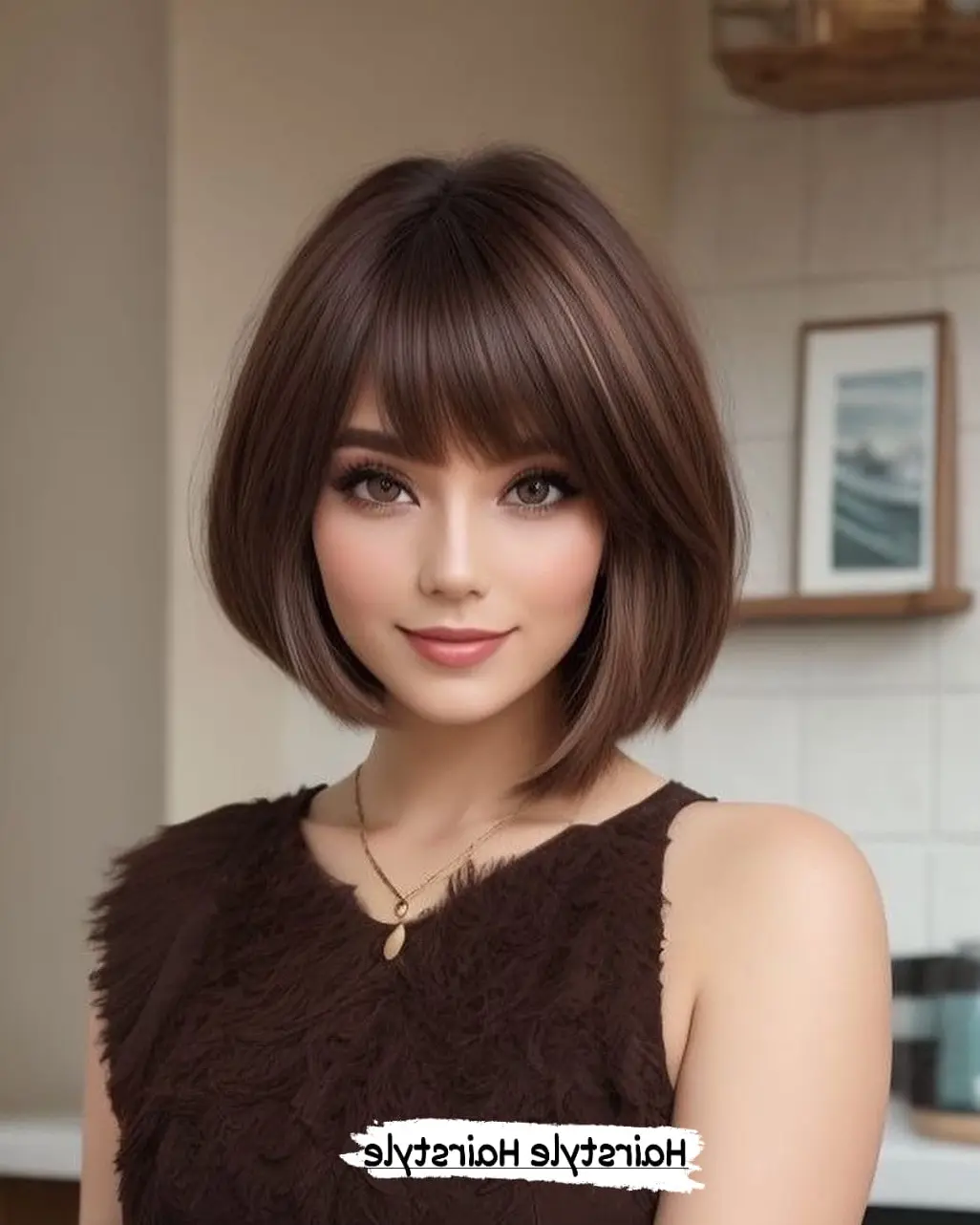 Elegant Brunette Bob with Bangs Hairstyle