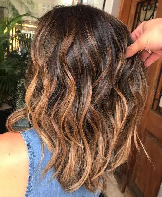 Wavy Brown Hair with Caramel Highlights Hairstyle