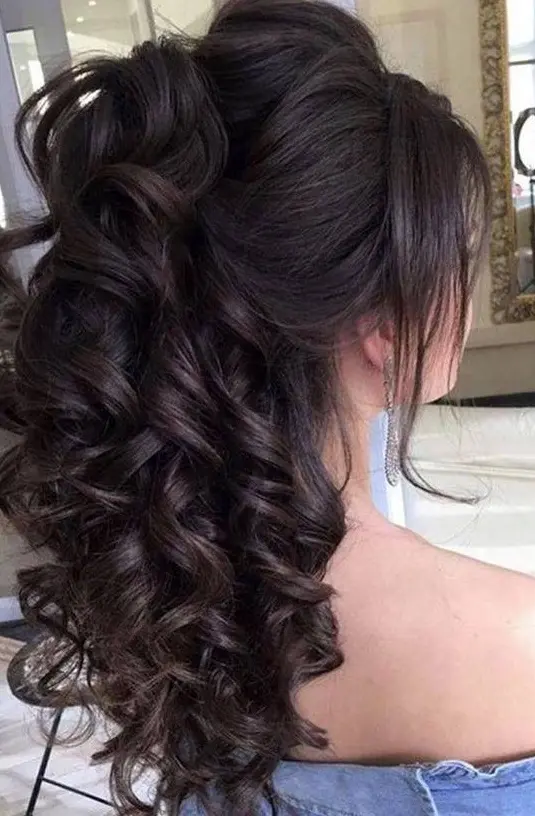 Voluminous Dark Brown Curly Ponytail Hairstyle