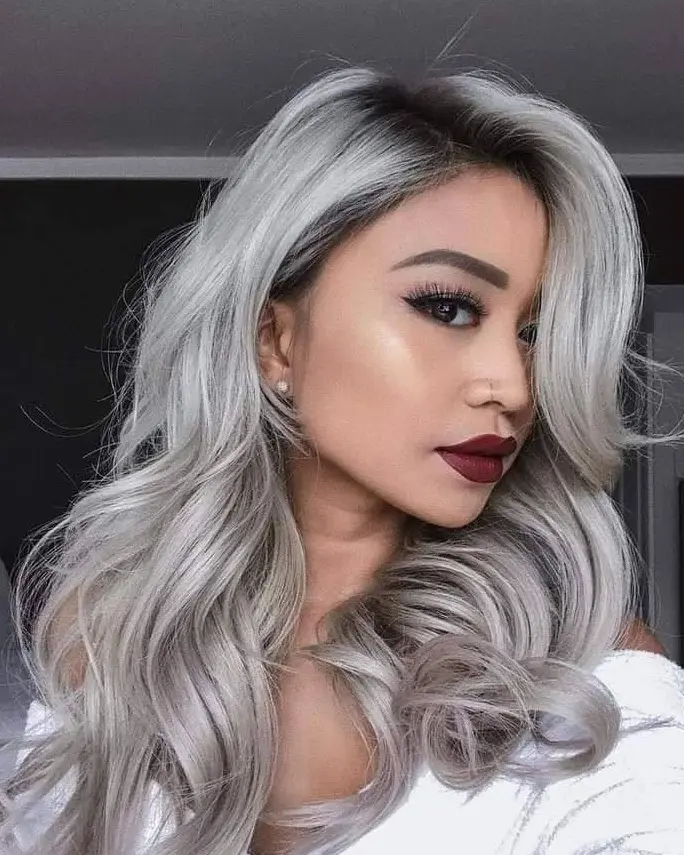 Silver Waves with Dark Roots Hairstyle