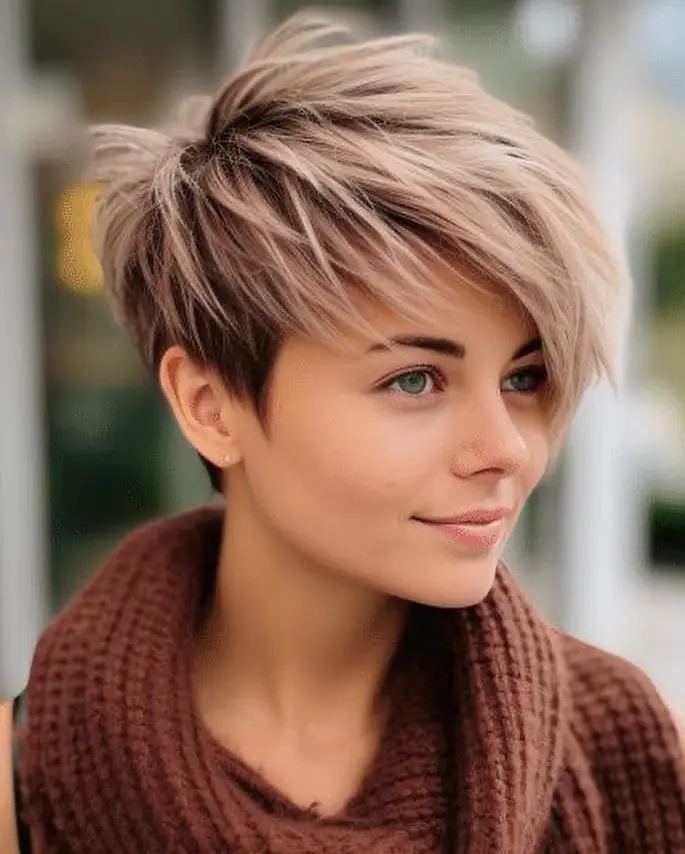 Textured Pixie Cut with Caramel Highlights Hairstyle