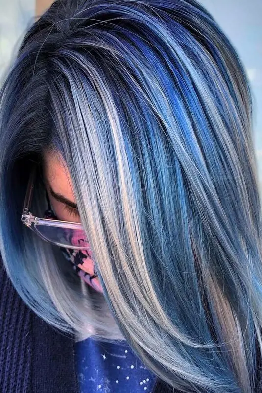 Vibrant Blue and Silver Highlights Hairstyle