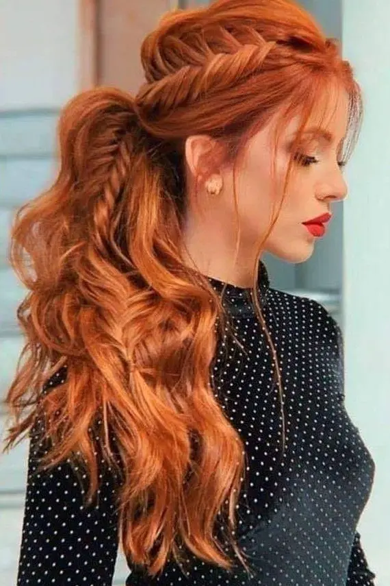 Fiery Red Braided Ponytail Hairstyle