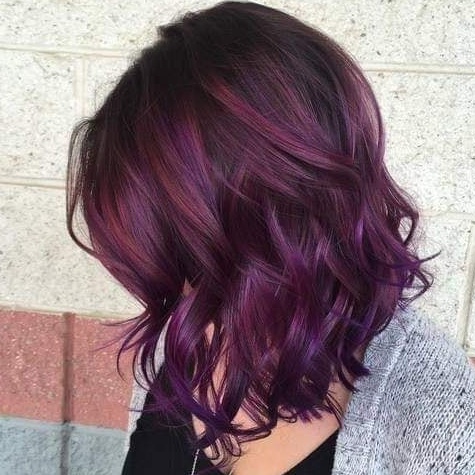 Purple Highlights on Wavy Lob Hairstyle