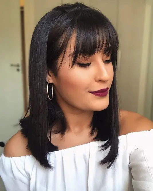 Straight Lob with Wispy Bangs Hairstyle