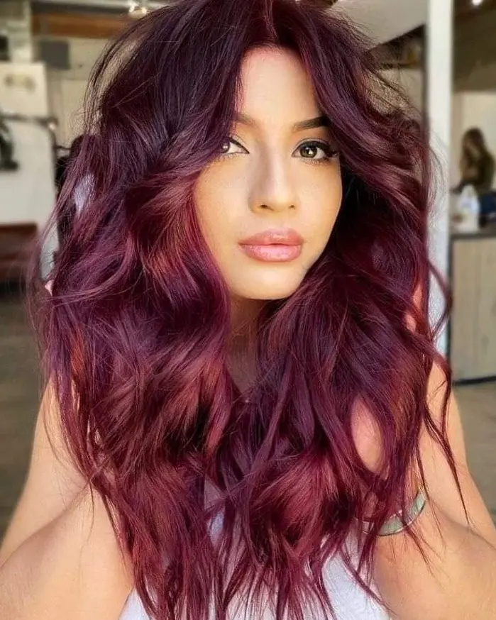 Voluminous Plum Red Waves Hairstyle