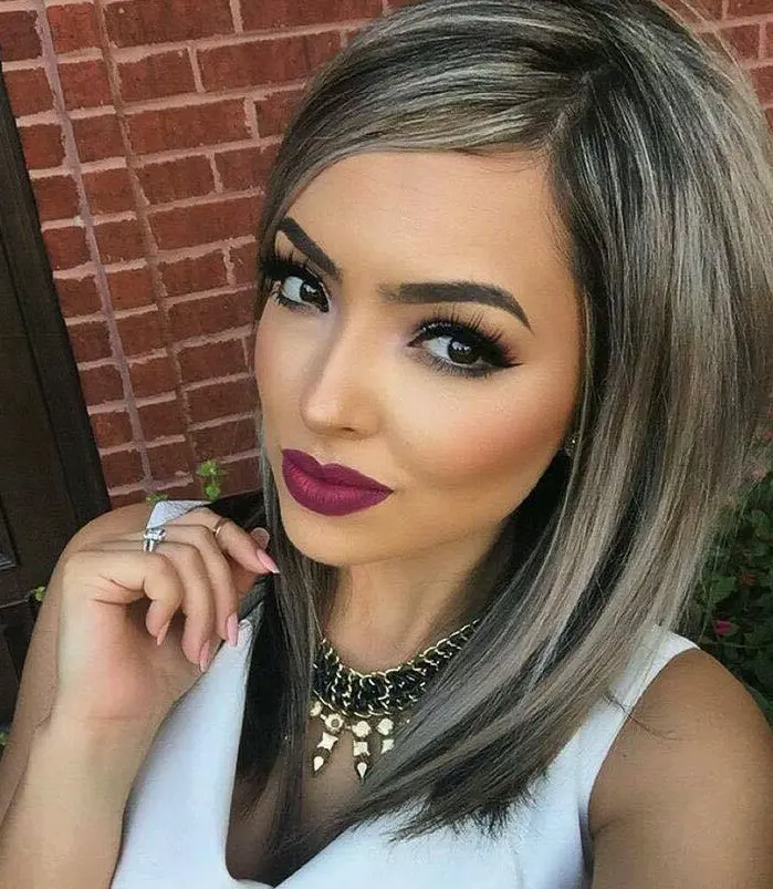 Ash Blonde Lob with Dark Roots Hairstyle