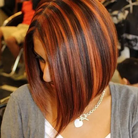 Copper and Black Highlights on Asymmetrical Bob Hairstyle